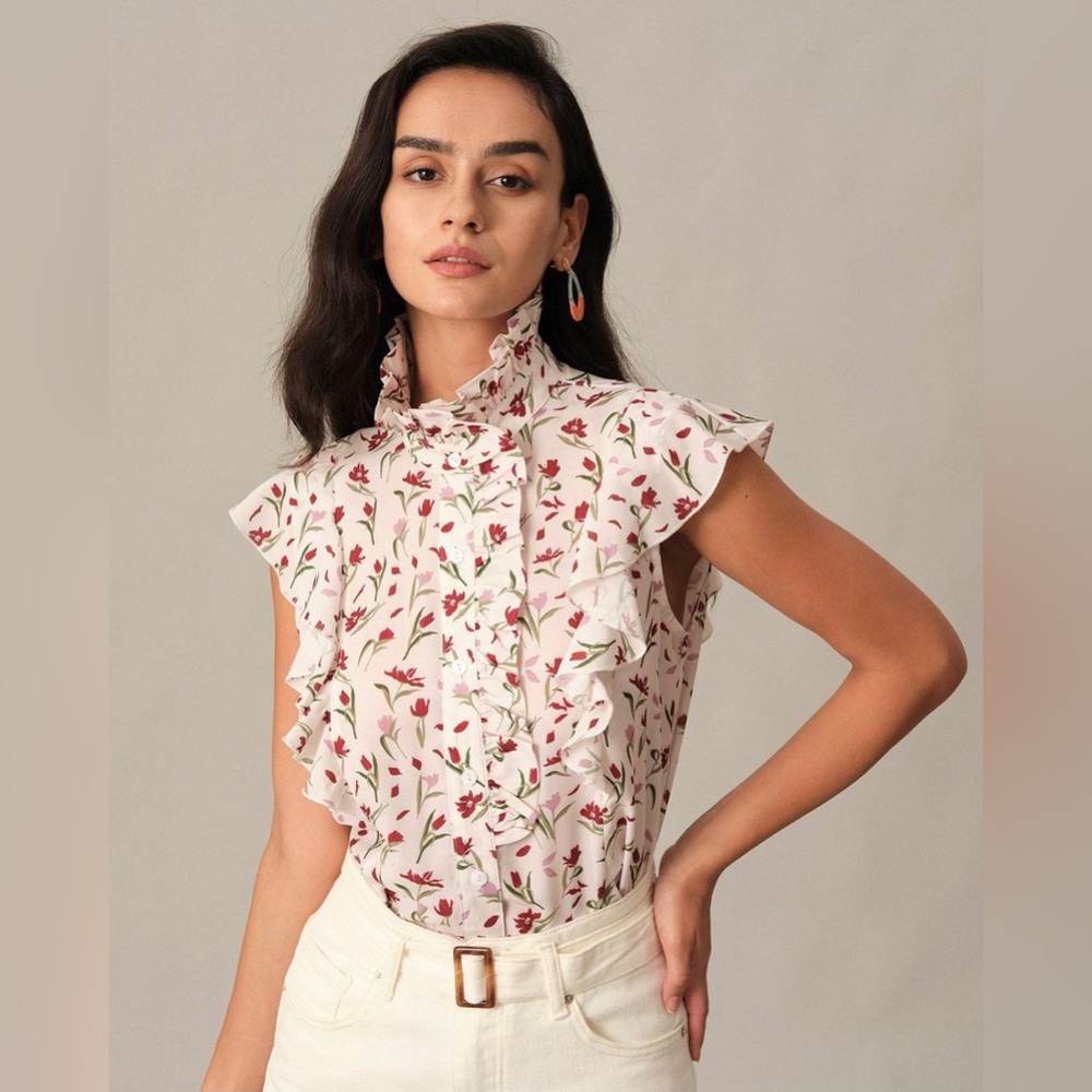 Ruffle Mock Neck Floral Blouse